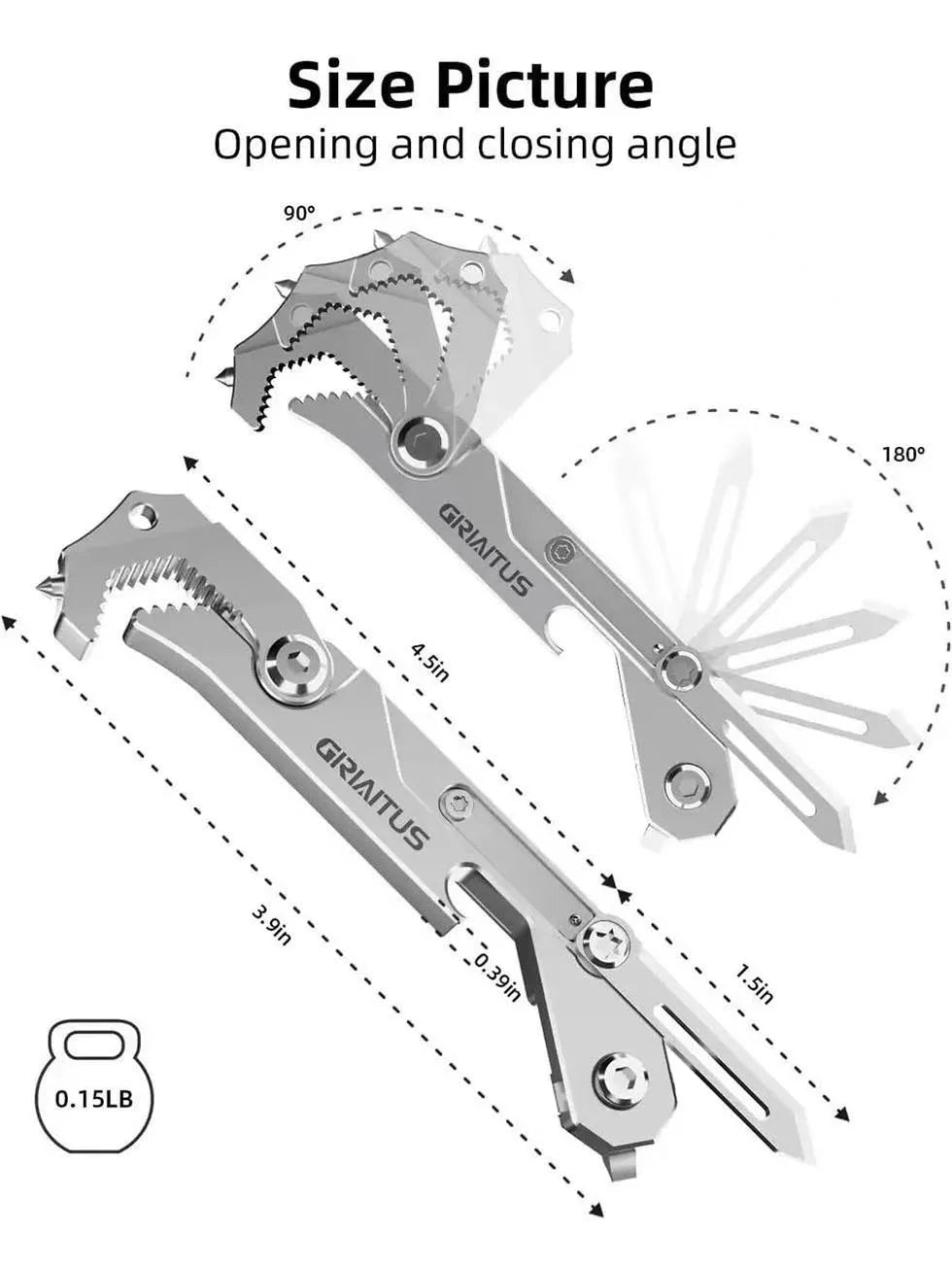 Size picture showing the opening and closing angle of a Griatius tool, with dimensions provided.