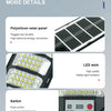 A product display showing details of a solar panel, LED wick, and push switch for an outdoor wall light.