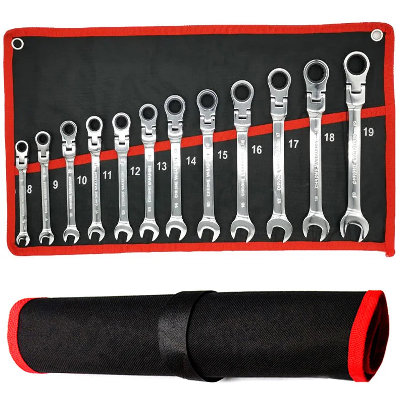A set of 10 chrome vanadium steel ratcheting wrenches numbered 8 through 19 displayed on a black and red background.