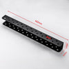 Black heavy duty wall mounted tool storage rack with 12 drilled holes and dimensions 402mm long and 48mm wide