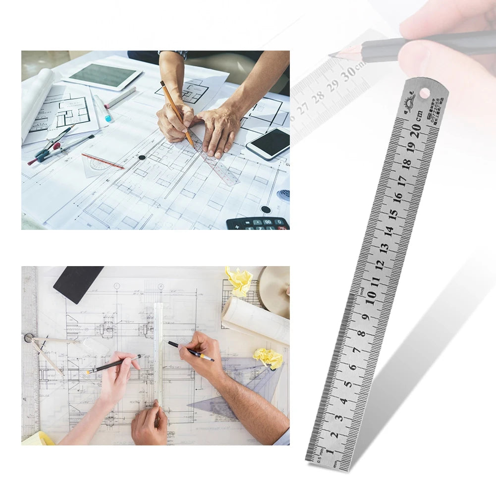 A precision stainless steel straight ruler set is shown being used to measure and draw on blueprints.