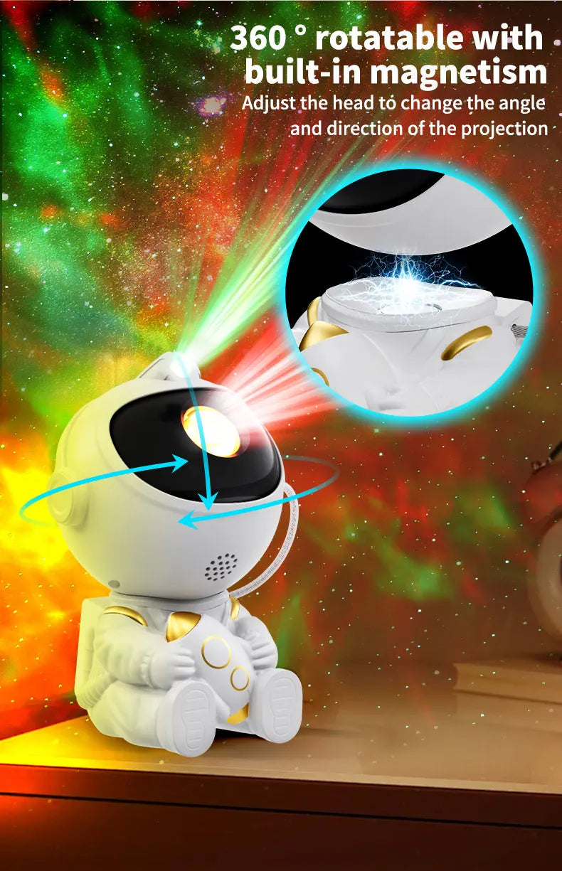 A white astronaut projector with a built-in magnet is shown illuminating a scene.