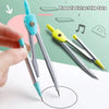 A hand holds a pair of blue and silver geometry tools, including a compass and ruler, demonstrating how to press to extract t