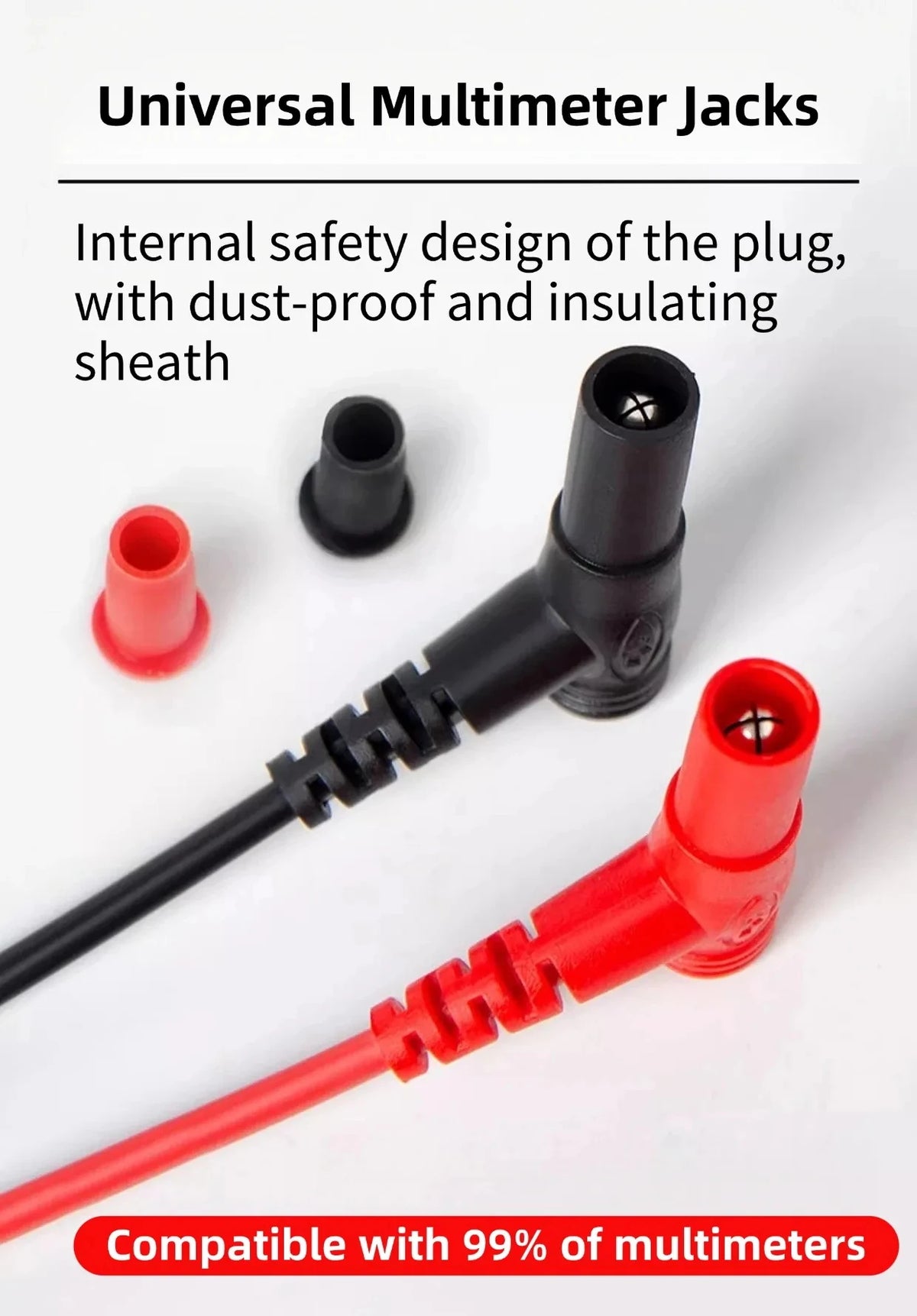 A set of universal multimeter test leads in black and red colors shown with internal safety design details.