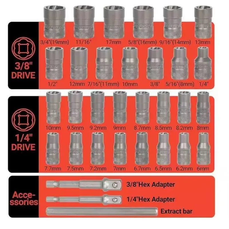 A set of professional bolt and screw extractor bits and adapters for various sizes including 3/4 inch, 1/2 inch, and 1/4 inch