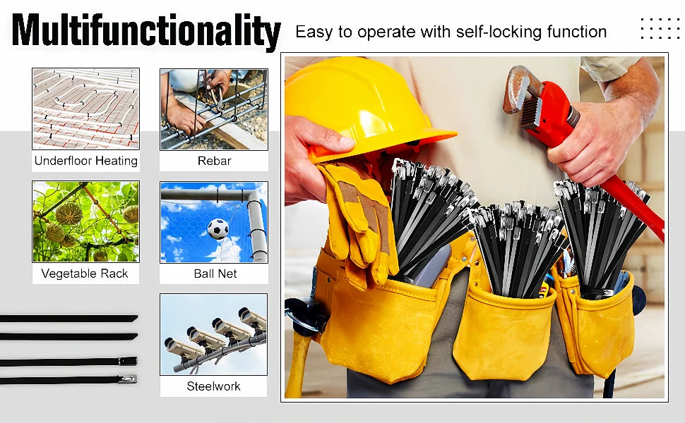 A hand wearing a yellow hard hat holds a red hammer, demonstrating the self-locking function of heavy duty epoxy coated stain