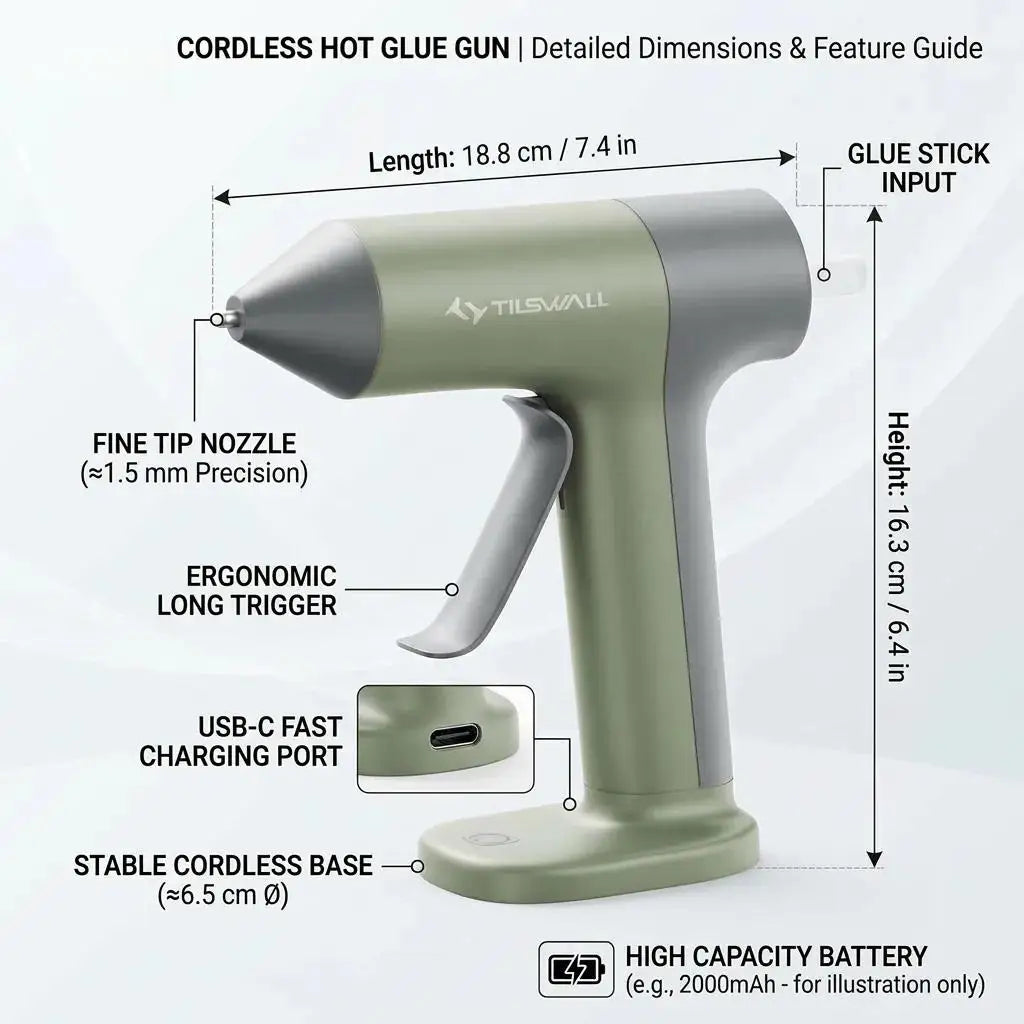 A cordless hot glue gun in a light green color showing its dimensions and features like the fine tip nozzle and ergonomic lon
