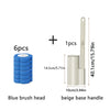 A set of six blue brush heads and one beige base handle for a dual-use toilet brush.