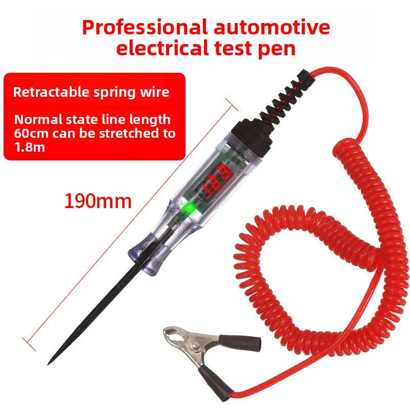 Un stylo de test électrique automobile professionnel avec un fil à ressort rétractable et une pince, présenté sur fond blanc.