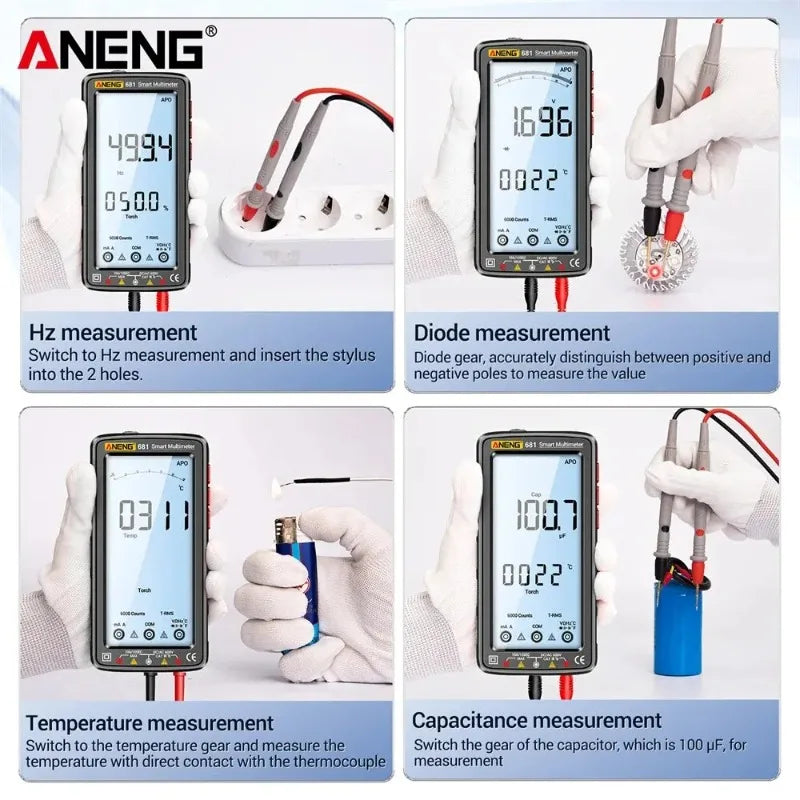 A set of digital multimeter probes and accessories demonstrating various measurements like Hz, diode, temperature, and capaci