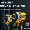 A yellow and black DeWalt high power lithium screwdriver tool is shown against a dark background.