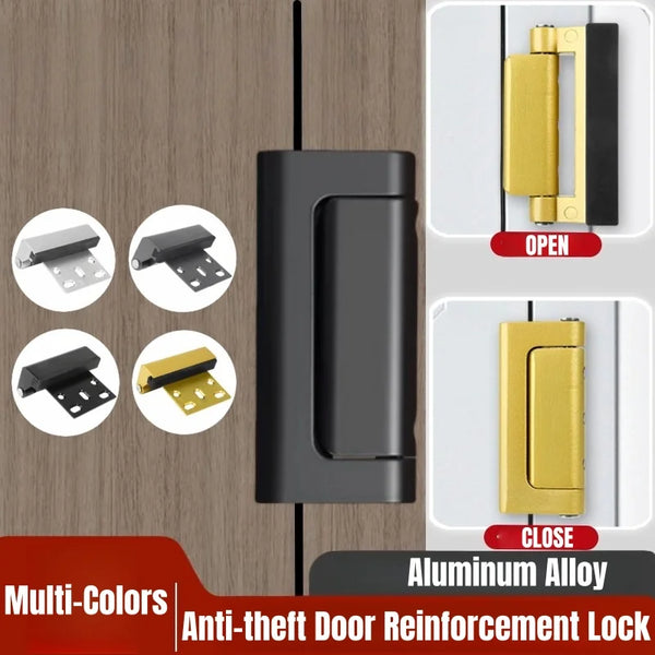 A black aluminum alloy anti-theft door reinforcement lock shown in open and closed positions with various color options.