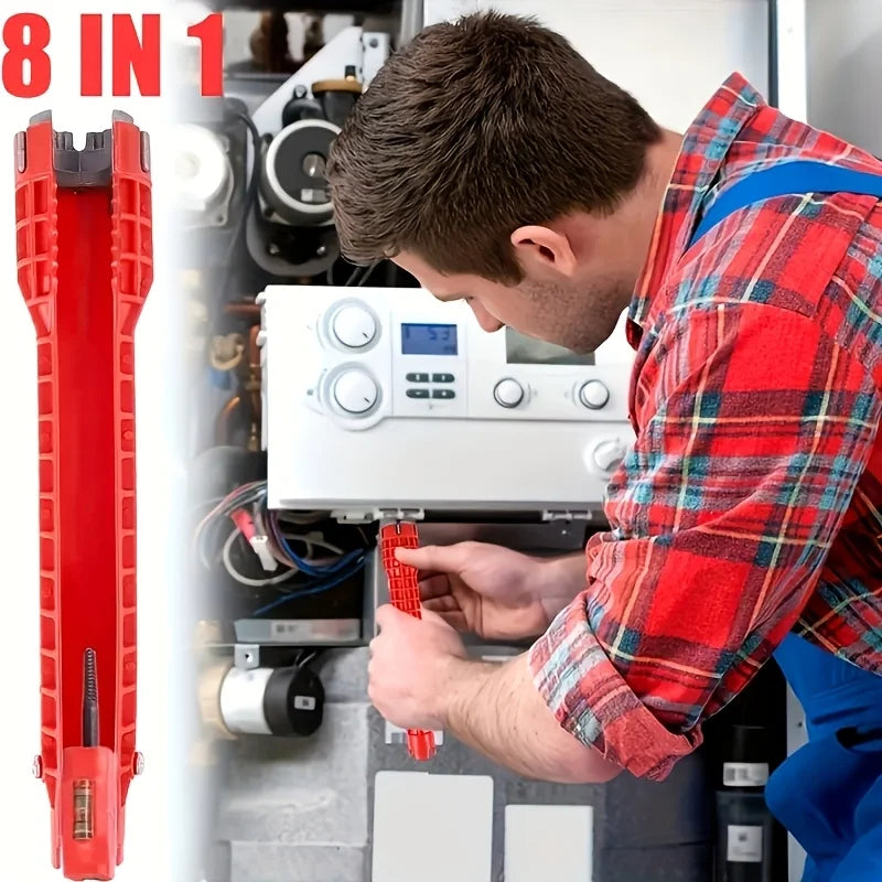 A man is using an 8-in-1 heavy-duty adjustable faucet wrench set on a pipe in a workshop setting.