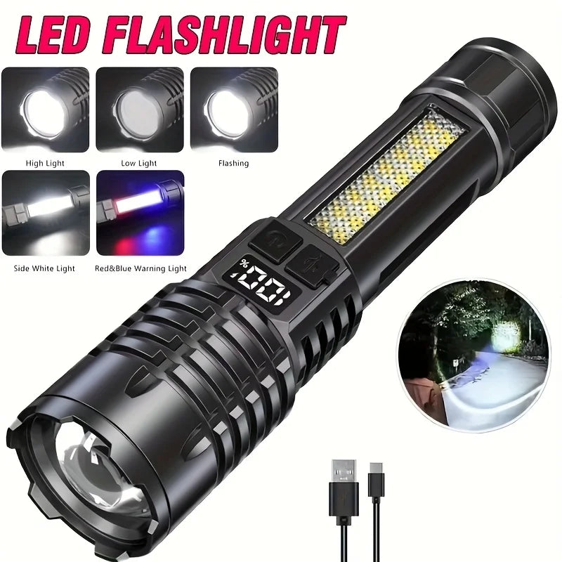A black LED flashlight with a digital display and multiple light modes including high, low, and flashing lights.