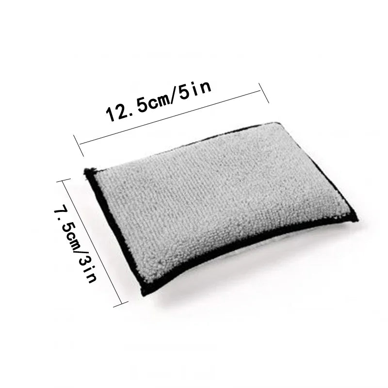 A rectangular white microfiber detailing sponge with dimensions 12.5cm/5in and 7.5cm/3in.