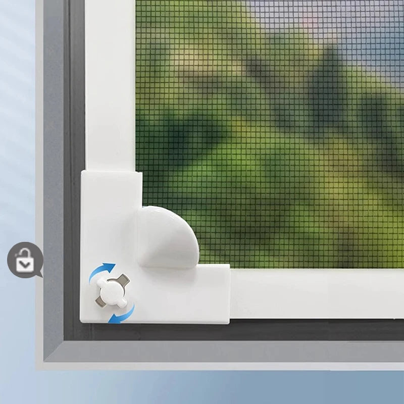A white magnetic window screen is shown attached to a window frame, with a view of greenery through the mesh.
