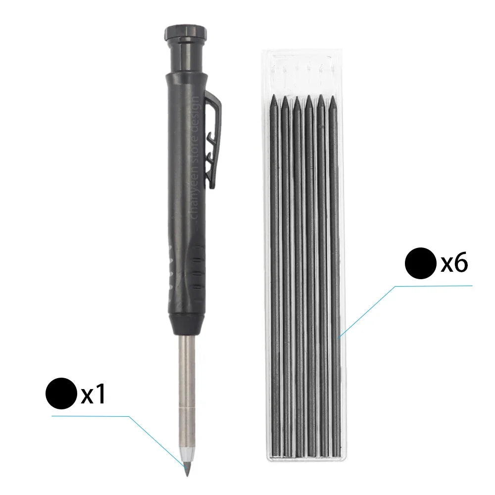 A set of precision carpenter pencils with refills shown in a clear plastic container.