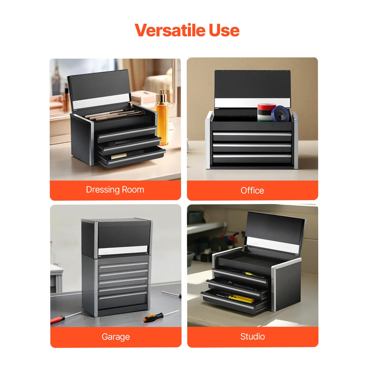 صندوق أدوات معدني محمول بو drawers، يظهر في سياقات مختلفة مثل غرفة ملابس ومكتب ومرآب واستوديو.