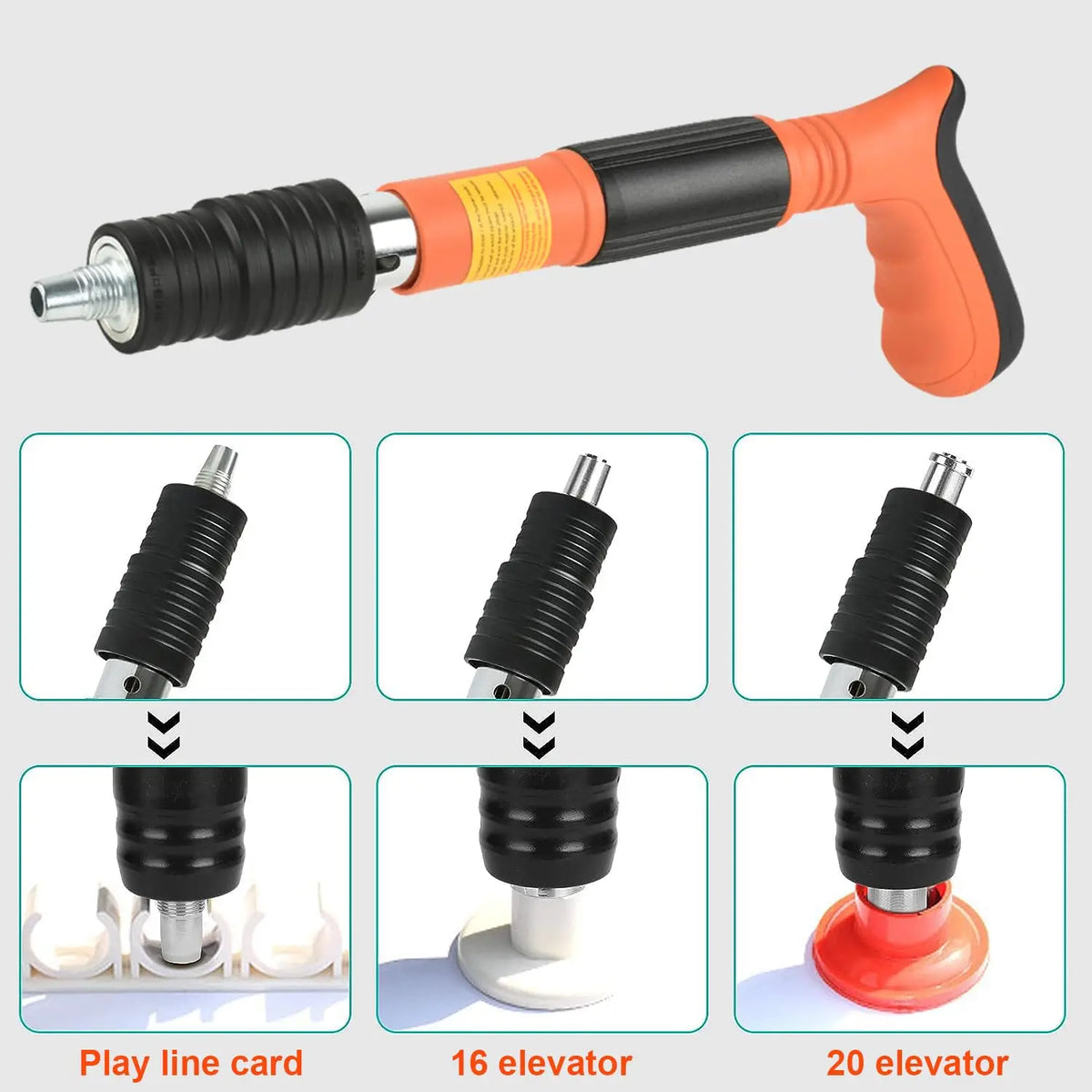 A professional manual concrete nail gun kit showing various sizes of elevator cards for line, 16, and 20 elevators.