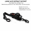 A black auto retract ratchet featuring a main body, webbing, and S-hook for cargo securing.