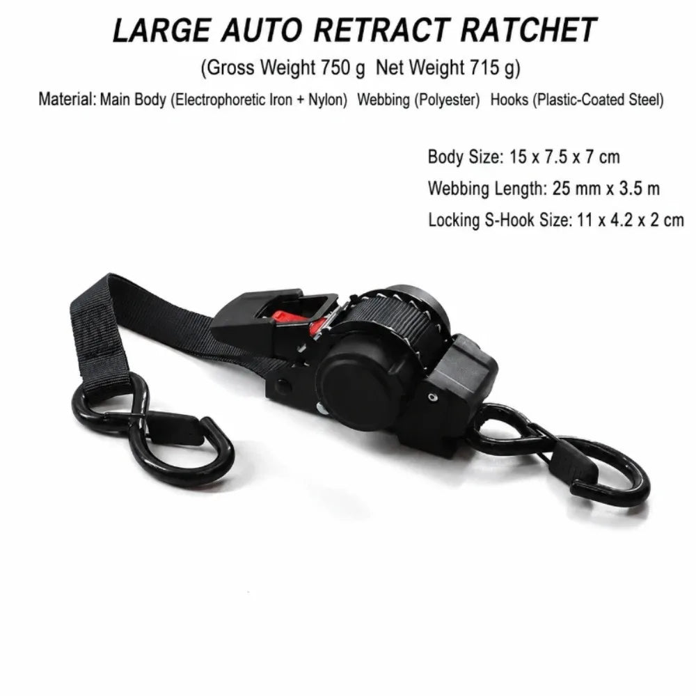 A black auto retract ratchet featuring a main body, webbing, and S-hook for cargo securing.