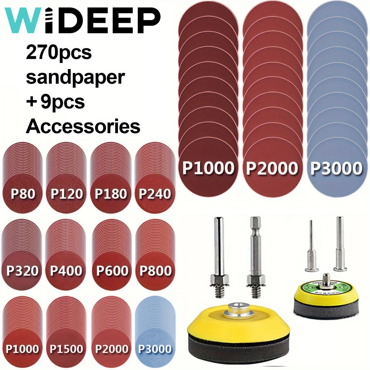 A set of sanding papers including P1000, P2000, and P3000 grits, along with various accessories.
