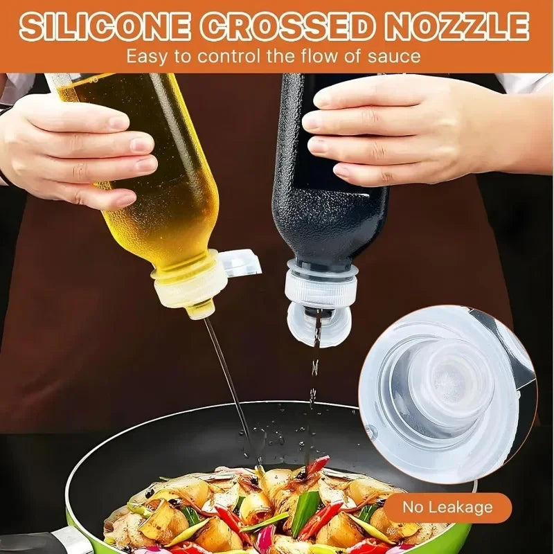 A silicone crossed nozzle squeeze dispenser bottle pouring sauce into a pan of food.