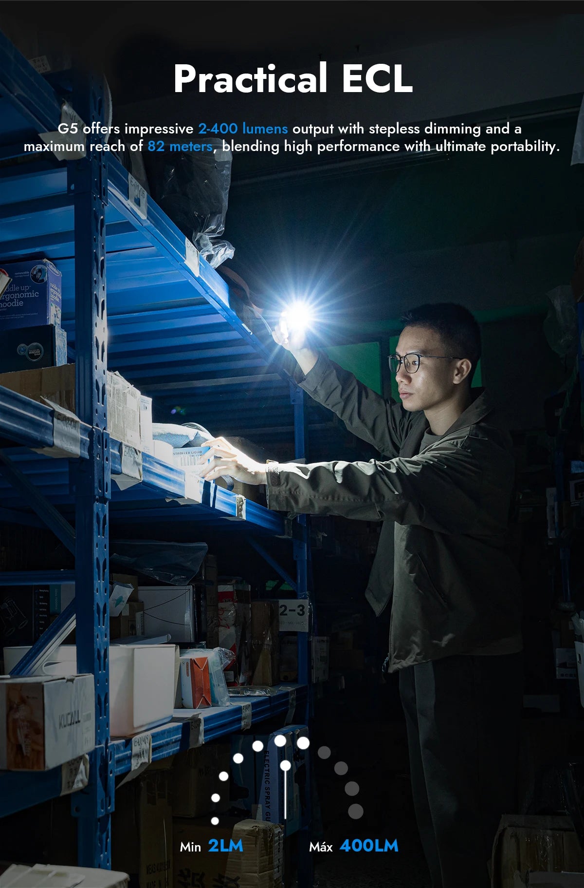 A man uses a flashlight to illuminate a shelf in a warehouse setting.