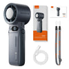 A gray portable handheld turbo fan with a digital display and attached charging cable.