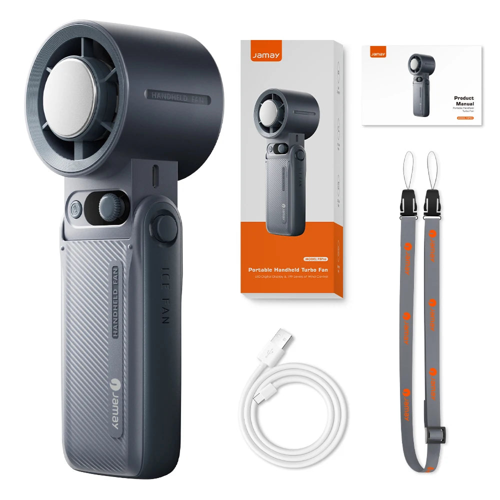 A gray portable handheld turbo fan with a digital display and attached charging cable.