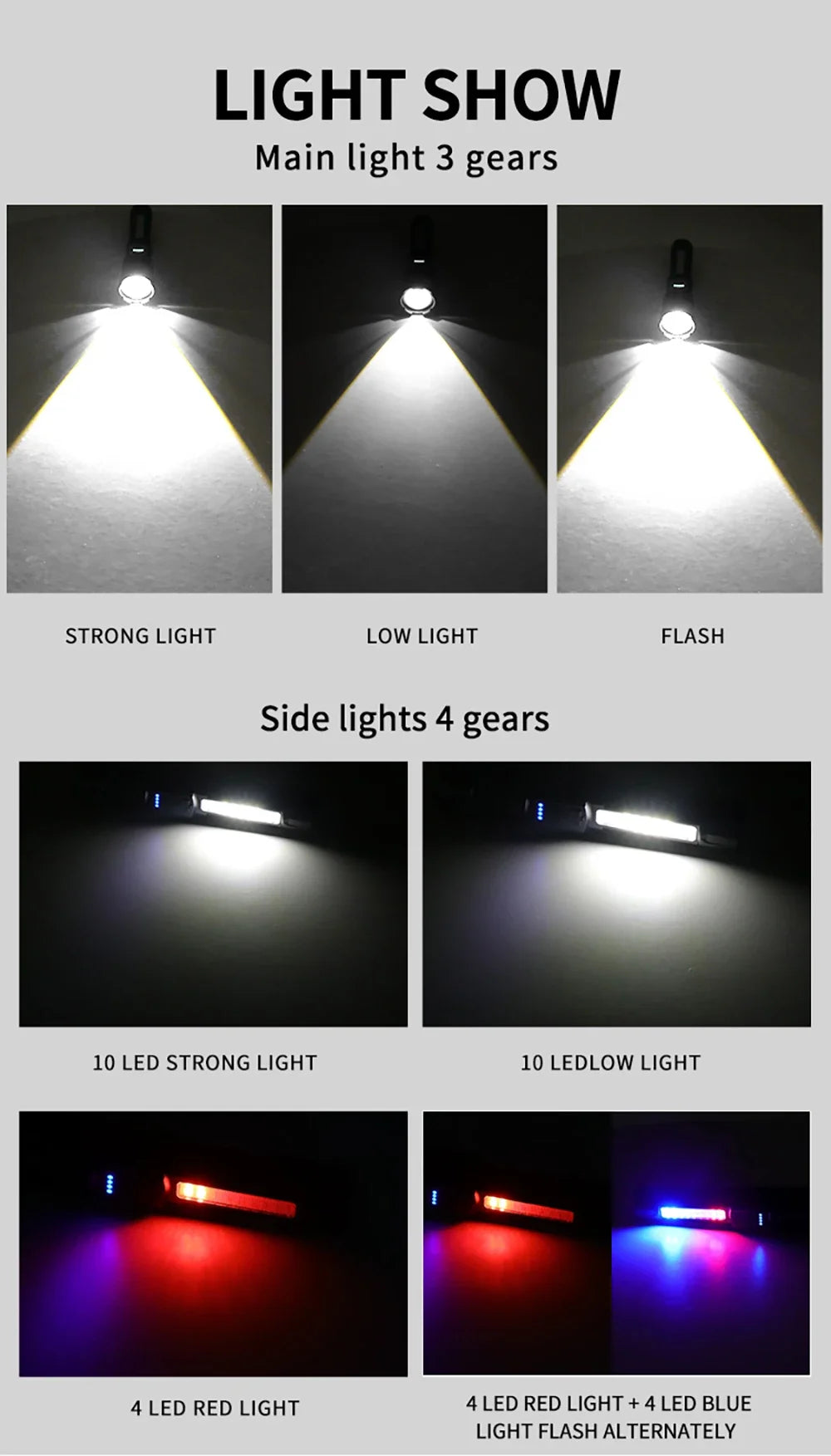 Light show product featuring a main light with three settings and side lights with four settings.