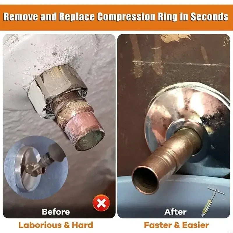 Before and after images showing the removal and replacement of a compression ring using a 1/2 inch compression sleeve puller 