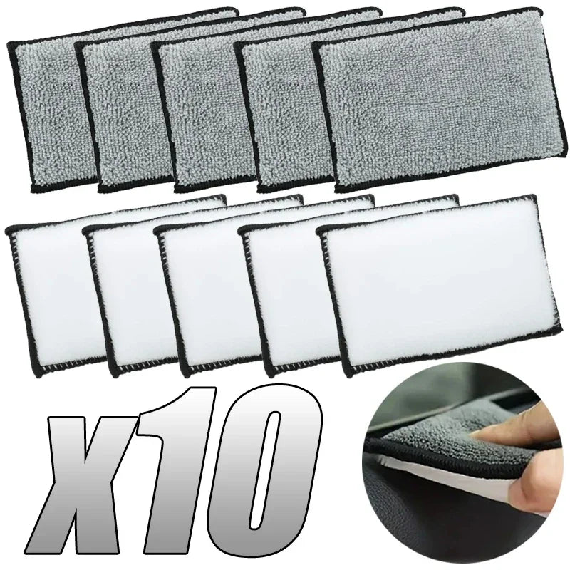 A set of ten dual-sided microfiber detailing sponges, shown in gray and white, with a close-up view of the sponge texture.