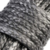 Close-up of a dark gray heavy-duty synthetic tow strap woven into a thick rope texture.