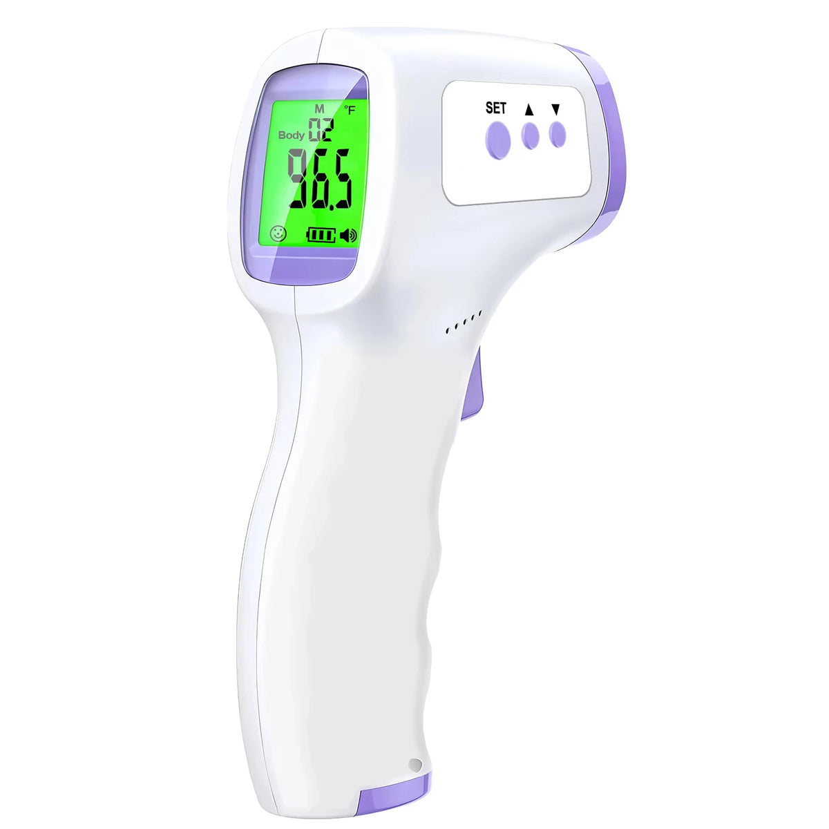 Thermomètre numérique infrarouge blanc avec accent violet, affichant une température de 96,5 degrés.