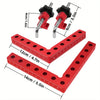 A precision woodworking right angle clamp in red plastic with silver metal rods and black grips, shown at various angles.