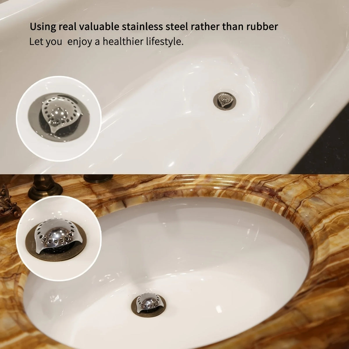 Close-up view of a white bathtub drain with a stainless steel hair catcher and a decorative metal drain plug.
