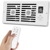 A white smart register booster fan unit with a digital display and a handheld remote control.