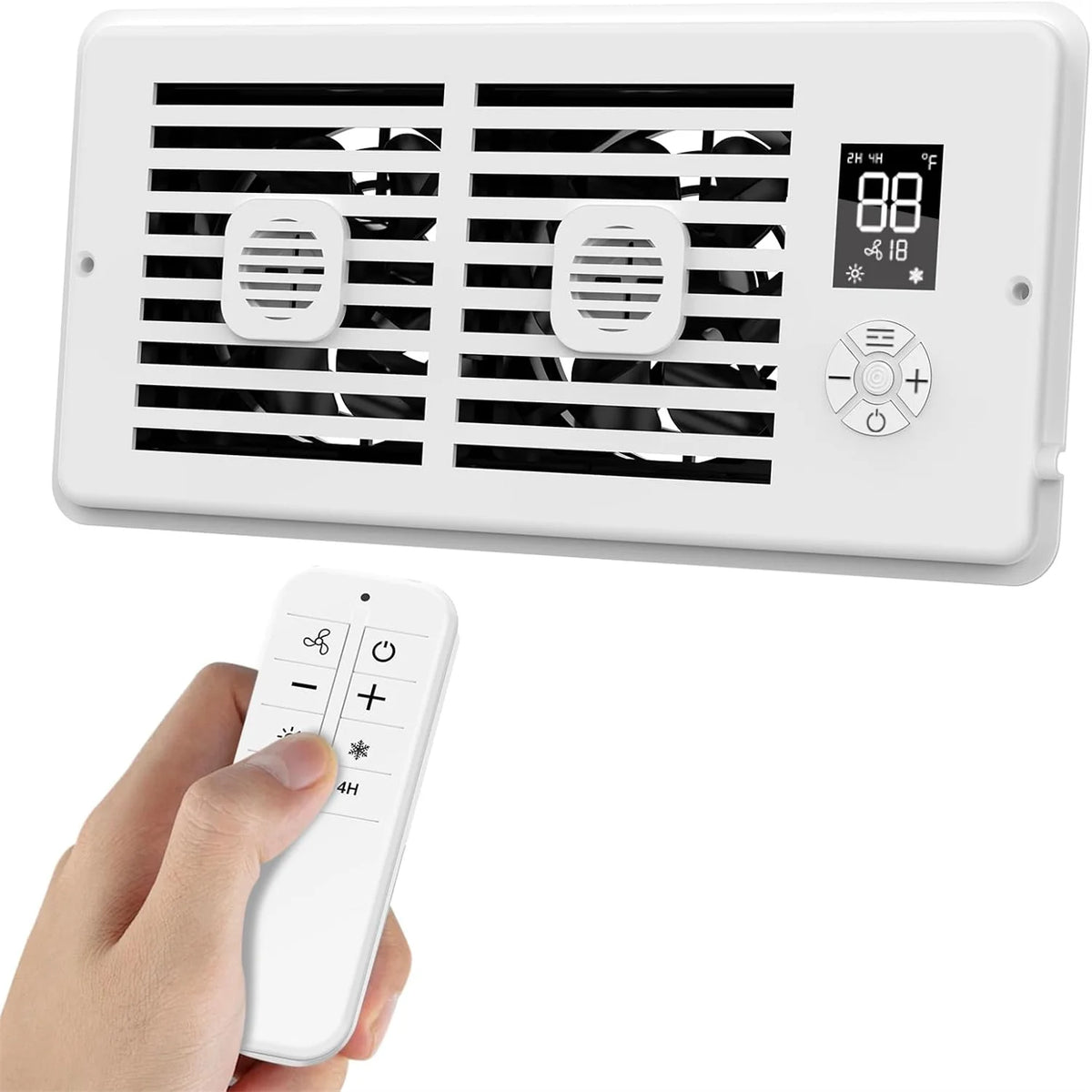 A white smart register booster fan unit with a digital display and a handheld remote control.