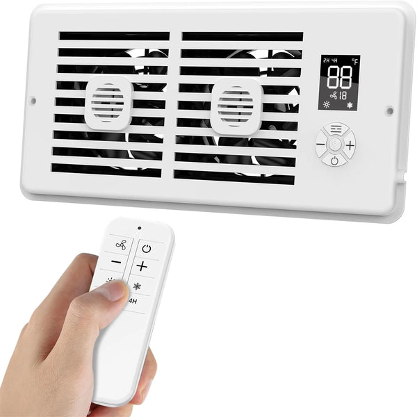 Un ventilador de potencia para registrador inteligente blanco con pantalla digital y control remoto manual.