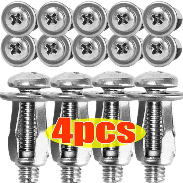 Four stainless steel expansion rivet nuts for license plates shown in various sizes.