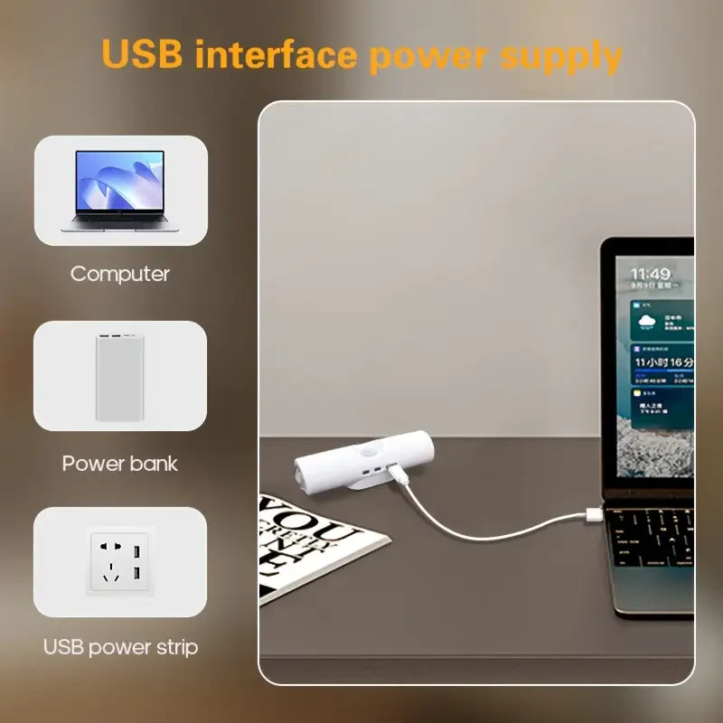 A white LED induction night light is plugged into a USB power strip and connected to a laptop.