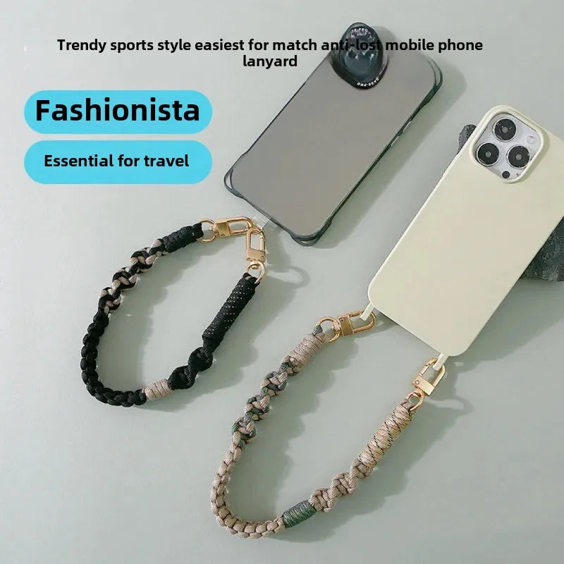 A hand-braided lanyard is shown attached to a smartphone, designed for sports and travel use.