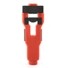 An orange and black door latch mortise installation tool kit with a curved opening.