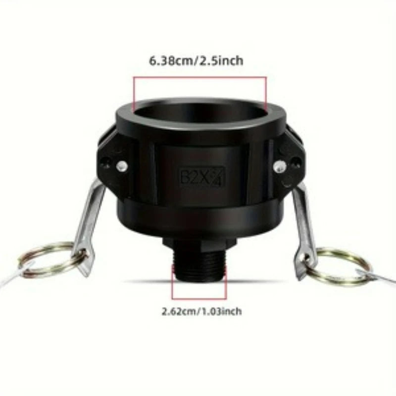 Black IBC tote to garden hose adapter fitting with dimensions 6.38cm/2.5inch and 2.62cm/1.03inch