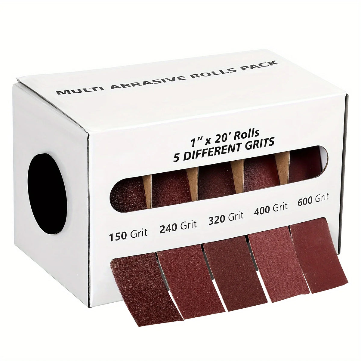 A box of multi abrasive rolls containing five different grits of sandpaper for use with a dispenser.