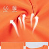 Close-up of an orange high visibility fluorescent work shirt showing reinforced pockets and collar details.