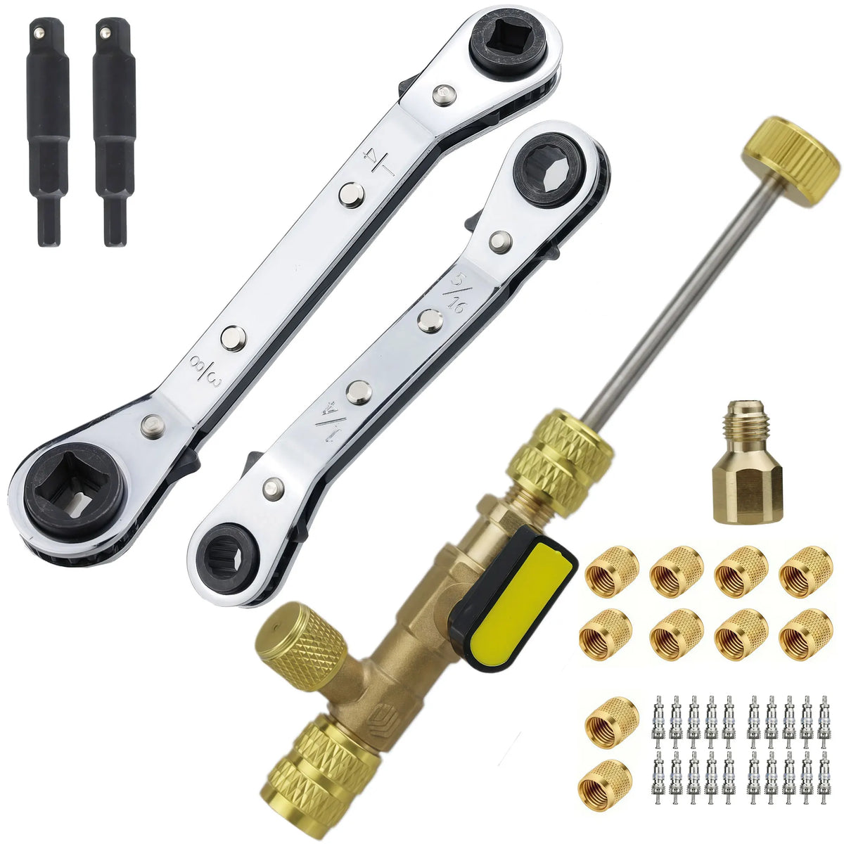 Kit d'outils pour le retrait de cœur de vanne de précision, montrant divers outils y compris un long outil métallique et un c