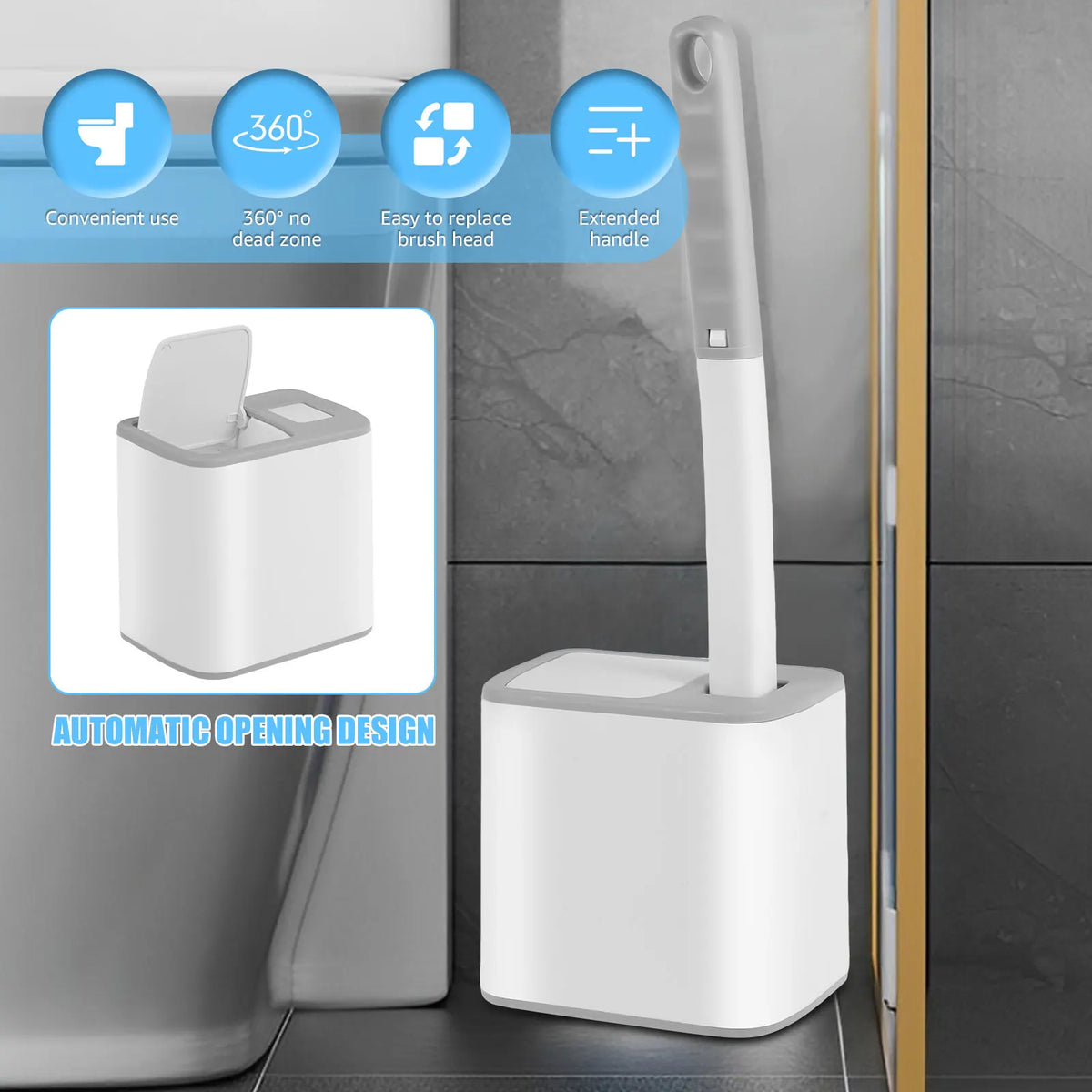 Kit de limpieza para inodoro reutilizable con apertura automática y mango extendido, junto a un inodoro.