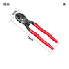 A heavy-duty bolt cutter with red handles and black jaws shown against a measurement scale.